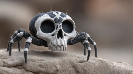 Cartoon spider-skull hybrid stands on rock with soft focus nature background