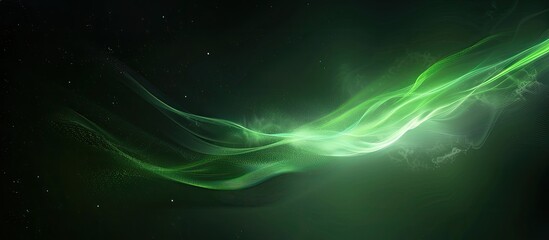 Abstract image of luminous green waves flowing across a dark background speckled with faint white points of light, evoking a sense of ethereal movement and cosmic energy