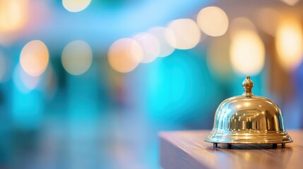 Bell on reception desk awaiting guests in vibrant hotel lobby setting