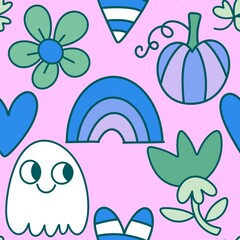 Autumn harvest vegetable seamless monster Halloween pumpkins pattern for wrapping paper and fabrics