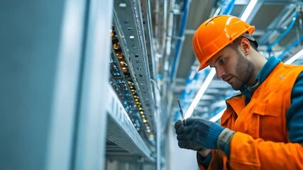 Technician working on server rack. - Powered by Adobe