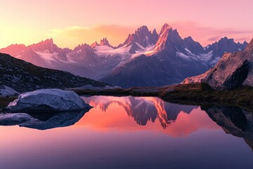 Fototapeta premium Jagged mountain peaks reflect in a calm lake at sunset, bathed in a warm, pink glow, creating a serene landscape.