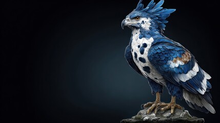 Regal bird of prey with blue plumage, perched on rocky terrain against dark backdrop