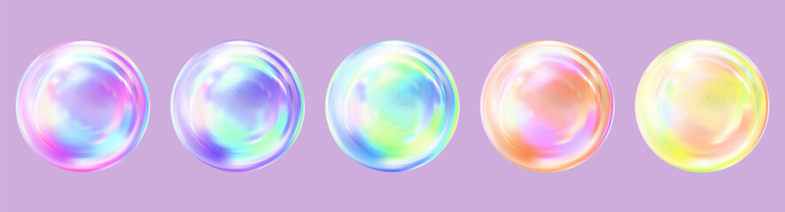 Vivid holographic ball. Luminous 3D bubble with highlights. Fluid rainbow geometric shape.