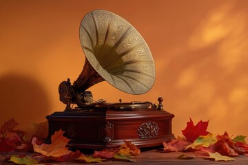 An antique gramophone with ornate horn stands among fallen autumn leaves, evoking nostalgia and a vintage aesthetic.