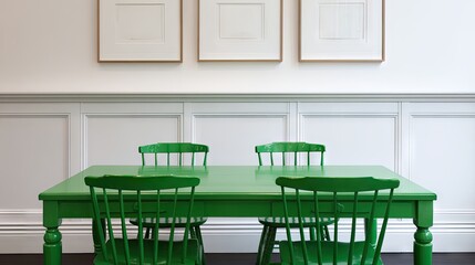 Green painted dining table and chairs in a room with framed artwork.