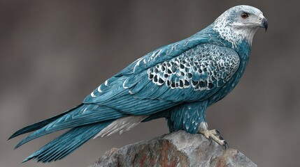 Blue bird of prey with white markings perches atop a rough, mottled grey rock