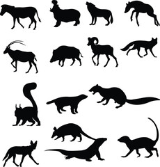A black vector set of wild animal silhouettes including a running tiger, lion, bear, and wolf