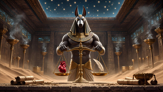 Anubis weighing heart and feather in temple