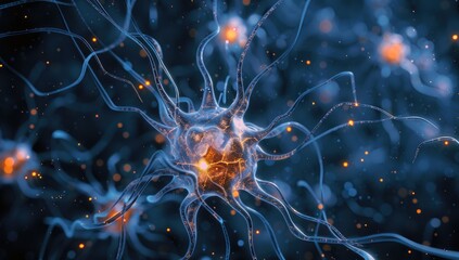 Obraz premium A detailed microscopic view of a neuron, its intricate network of dendrites and axons glowing with an inner light against a dark, speckled background. The image 