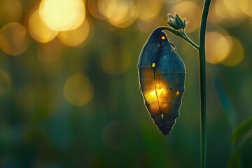 A diaphanous moth pupa glows with an inner light, hanging delicately from a plant stem in soft focus.