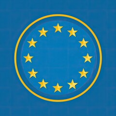 A stylized circular emblem features twelve golden stars arranged in a circle on a blue field, encircled by a thicker golden ring, all set against a subtly textured blue background