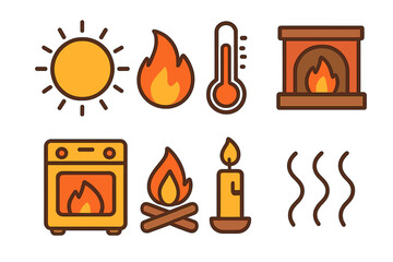 Heat Icons Collection. Flat vector mini-illustrations heat in colors children's illustrations: sun, flame, thermometer, fireplace,