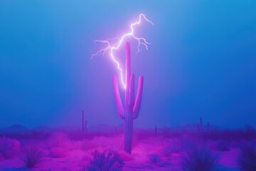 A surreal neon desert scene featuring a saguaro cactus struck by lightning under a vibrant blue and purple sky.