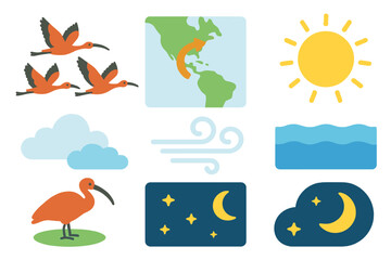 Ibis Migration Icons. Flat vector mini-illustrations ibis migration in colors children's illustrations: ibis flying in formation,