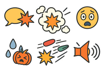 Impact Icons Grid. Flat vector mini-illustrations collision impact in colors children's illustrations: car crash, bumper hit,