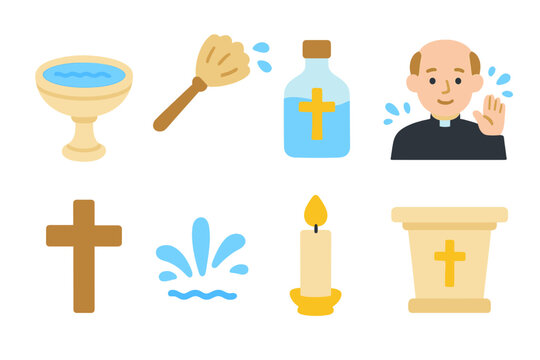 Holy Water Icons. Flat vector mini-illustrations holy water in colors children's illustrations: holy water font, aspergillum,