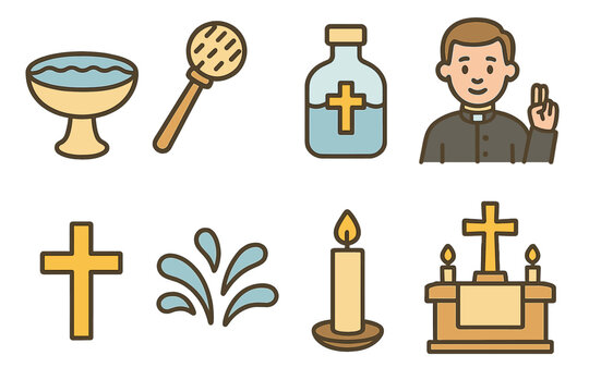 Holy Water Icons. Flat vector mini-illustrations holy water in colors children's illustrations: holy water font, aspergillum,