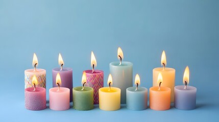 Colorful Lit Candles Festive Arrangement Blue Background
