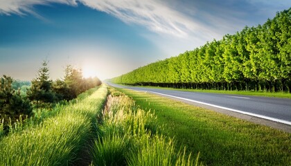 Fototapeta premium scene along the roadside where a verdant belt of greenery bursts forth