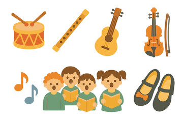 Fototapeta premium Musical Icons for Kids. Flat vector mini-illustrations musical tradition in colors children's illustrations: drum, flute, guitar,