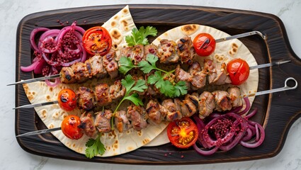 Two skewers of grilled pork shashlik with tomatoes, pickled onions, and flatbread on a dark wooden board