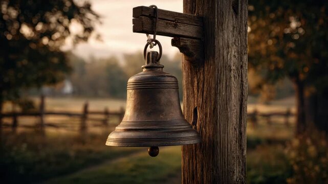 Beautiful antique bell hanging from a wooden post in golden hour light