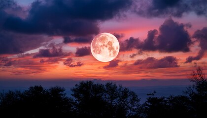 a vibrant full moon in pink and orange hues rises above dark clouds casting a tranquil glow over the twilight sky