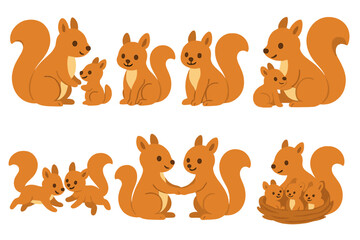 Fototapeta premium Squirrel Family Illustrations. Flat vector mini-illustrations squirrel families in colors children's illustrations: mother