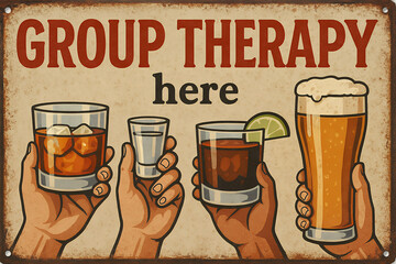 Four illustrated hands holding various drinks on a vintage textured background, concept of friendship and social gathering. Vintage tin sign, emblem badge patch with retro design and distressed look