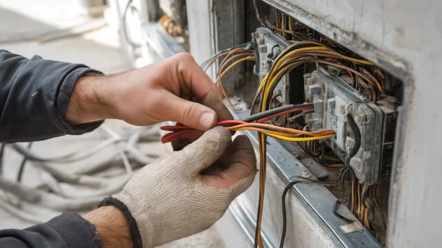Hands working on electrical wiring at a construction site