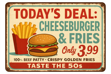 Retro-style sign showing a cheeseburger and fries combo deal for $3. 99, vintage graphic on aged white background. Vintage tin sign, emblem badge patch with retro design and distressed look