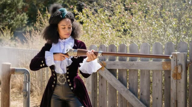 Woman in period clothing aiming rifle outdoors with smoke for historical reenactment