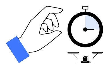 Hand gesturing to pick, stopwatch showing time segment, and balance scale. Ideal for time management, decision making, precision, priority setting, productivity efficiency minimalism. Clean flat