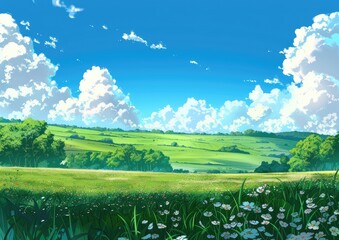 Fototapeta premium A vibrant summer landscape, depicting rolling green hills under a bright blue sky dotted with fluffy white clouds. Wildflowers bloom in the foreground, adding a touch of natural beauty