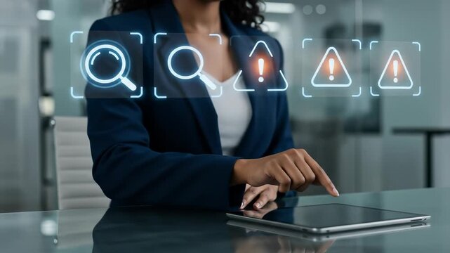 Professional Woman conducts Digital Risk Assessment, interacting with Futuristic Alert Interface in a Modern Office.