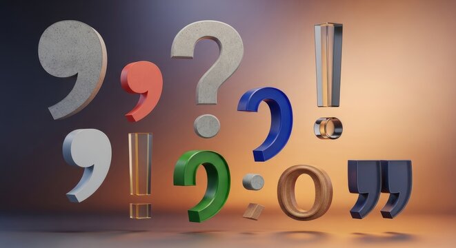 Diverse colorful punctuation marks in a dynamic arrangement, highlighting grammar principles, precise written communication, and linguistic clarity.