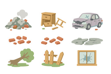 Aftermath in Icons. Flat vector mini-illustrations aftermath of collapse in colors children's illustrations: rubble pile, broken