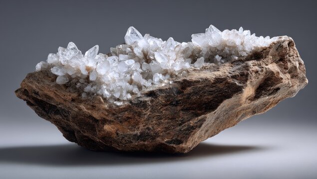 A rough, dark-brown rock formation is showcased, upon which numerous translucent, white quartz crystals have grown, creating a striking contrast in texture and color against a neutral gray background
