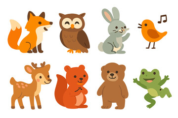 Fototapeta premium Animal Tales Icons. Flat vector mini-illustrations animal tales in colors children's illustrations: talking fox, wise owl, playful