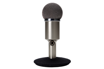 professional studio condenser microphone with a silver body, mounted on a small desktop stand for podcasting, streaming, or voice recording. This audio equipment is isolated, transparent background