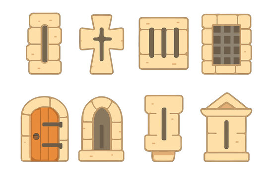 Arrow Slits Collection. Flat vector mini-illustrations arrow slit designs in colors children's illustrations: vertical slit, cross