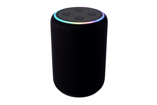 black smart speaker with the voice assistant, featuring an illuminated blue and cyan light ring. This smart home technology gadget for automation is isolated on a transparent background