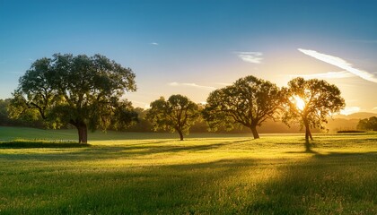 Fototapeta premium sunlit meadow with majestic trees a pastoral scene capturing golden hour warmth and tranquil atmosphere lush greenery