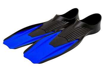pair of blue and black swimming flippers for snorkeling, scuba diving, or swim training in the pool or ocean. This water sport and vacation equipment is isolated on a transparent background