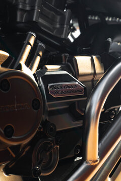 Honda Africa Twin engine with Dual Clutch Transmission, Close-up of a modern parallel-twin motorcycle motor.

