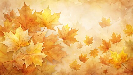 Soft focus autumn maple leaves drifting gently against a warm, hazy background, evoking a peaceful mood