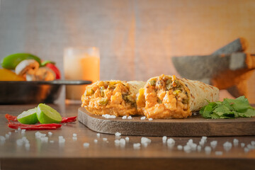 Mexican burrito filled with skirt steak, veggies and cheese on a wooden board with barley water and ingredients in the background
