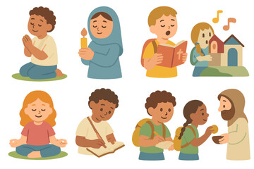 Child Pilgrimage Activities. Flat vector mini-illustrations Pilgrimage activities in colors children's illustrations: praying,