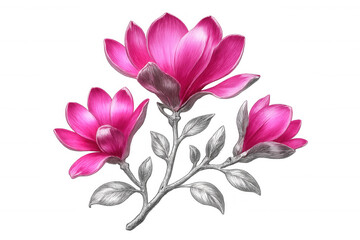 Pink magnolia blossoming near silver foliage against transparent backdrop